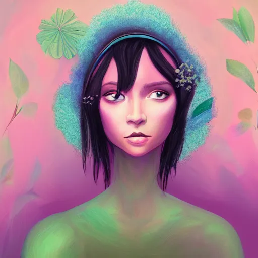 Image similar to portrait of a woman inspired by lois van baarle, iridescent, plants on the head, nature