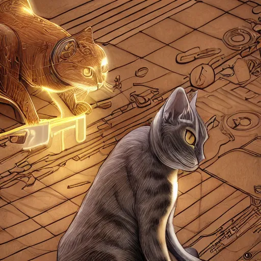 Image similar to gold and silver tones, cybernetic cat village, style of moebius, james jean, rutkowski, cinematic, high detail, award winning, 8 k photorealistic