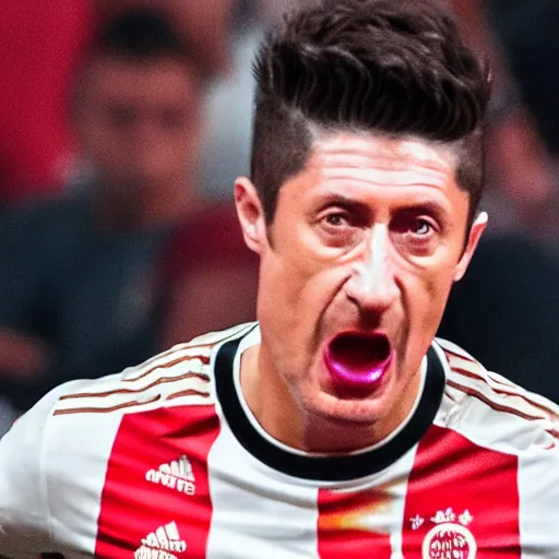 Prompt: a still frame of robert lewandowski during a huge kfc chicken food mukbang