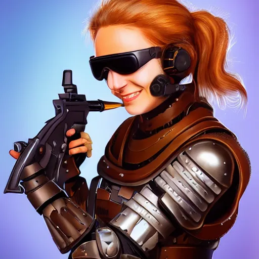 Prompt: female artificer with futuristic rifle, tubes connecting mediaeval half plate armor to rifle, brown hair, smiling, portrait, goggles over forehead, trending on artstation