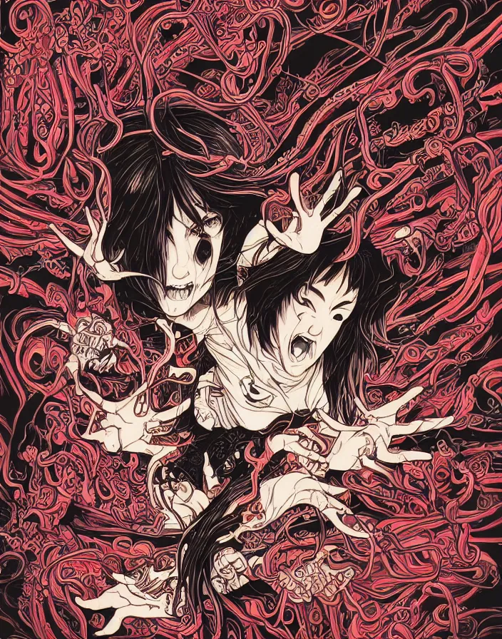 Prompt: intricate comic book style japanese horror poster japanese girl with fangs, graffiti, yokai, tentacles, by dan mumford, makoto shinkai and junji ito, 8k, highly detailed, unreal engine, crisp lines, volumetric lighting, featured on artstation, pixiv