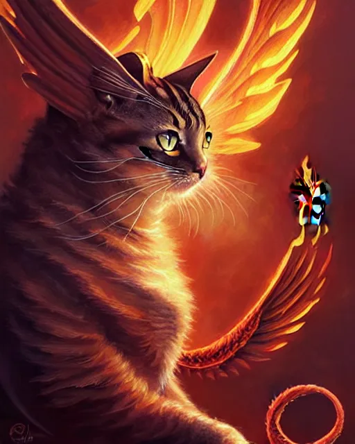 Image similar to A cat with dragon wings, digital art, intricate fire designs, elegant, highly detailed, sharp focus, art by Artgerm and Greg Rutkowski and WLOP