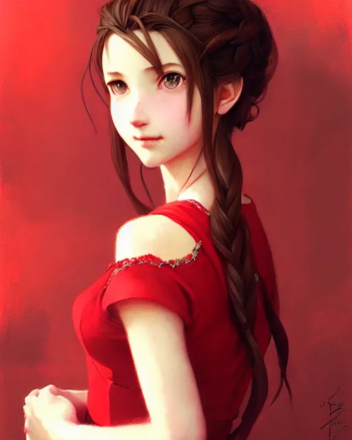 Image similar to aerith gainsborough in red cottagecore dress, portrait, illustration, rim light, top light, overcast cloudy weather, perfectly shaded, soft painting, art by krenz cushart and wenjun lin