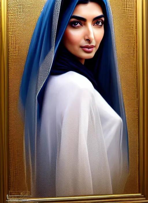 Prompt: beautiful ameera al taweel, blue eyes, long wavy black hair, transparent white veil, front, in the style of stefan kostic, realistic, sharp focus, 8k high definition, insanely detailed, intricate, elegant, art by stanley lau and artgerm