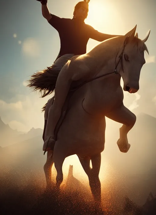 Prompt: man riding horse on shoulders, volumetric lighting, beautiful, golden hour, sharp focus, ultra detailed, cgsociety by leesha hannigan, ross tran, thierry doizon, kai carpenter, ignacio fernandez rios, noir photorealism, film