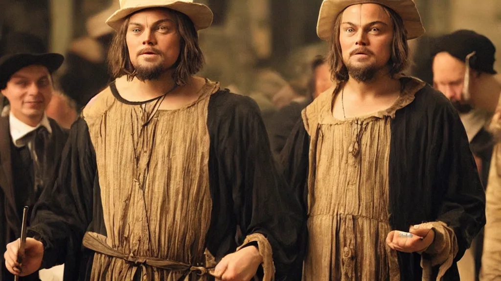 Prompt: Leonardo DiCaprio dressed as Leonardo DaVinci