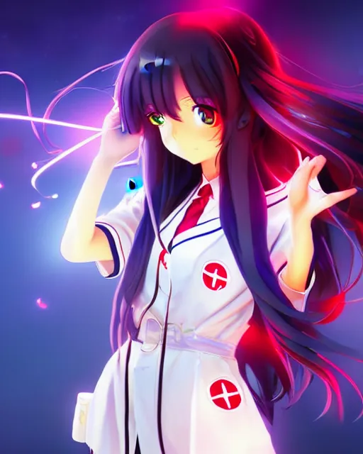 Image similar to anime style, vivid, expressive, full body, 4 k, painting, a cute magical girl with a long wavy black hair wearing a nurse outfit, stunning, realistic light and shadow effects, centered, simple background, studio ghibly makoto shinkai yuji yamaguchi