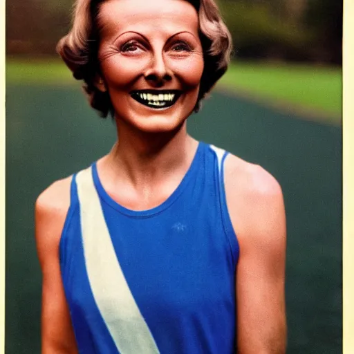 Image similar to a 1 9 2 8 color portrait. happy, healthy, smiling, sporty, glowing greta garbo in athletic wear with big smile and healthy teeth. colorful, realistic, high quality.