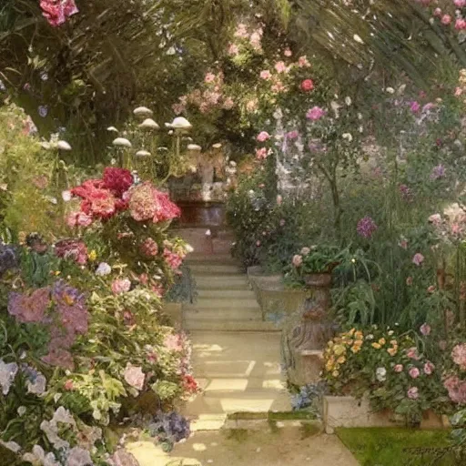 Prompt: a beautifull intricate watercolour painting of a victorian garden with many flowers, reflexions, verry high details by william turner art, greg rutkowski and alphonse mucha, trending on artstation, very very detailed, masterpiece,