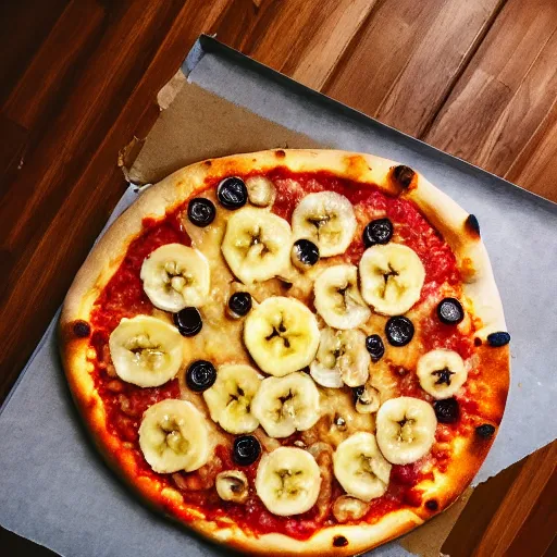 Prompt: a photo a pizza with a whole unpeeled banana on top of it, food photo, professional food photo, iphone, 4 k