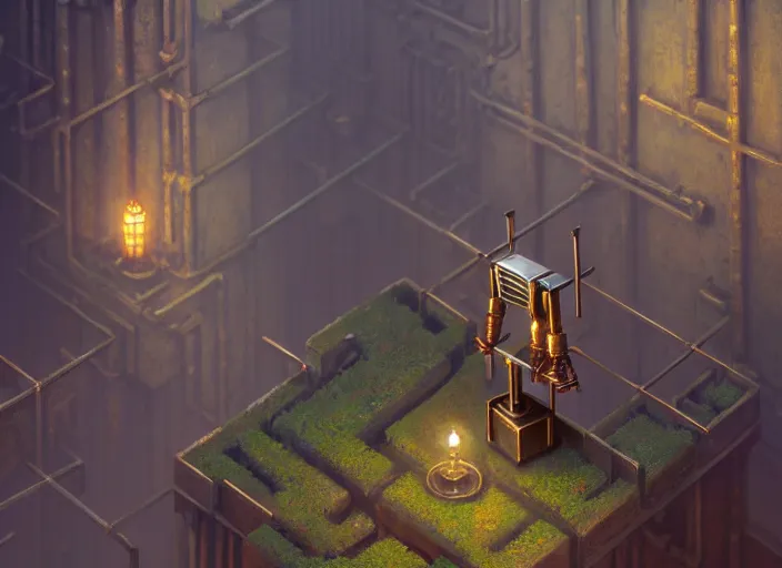 Prompt: a single small steampunk robot in a maze with tall walls by greg rutkowski and andreas rocha, tilt shift, ultra realistic, unreal engine, trending on artstation, 4 k