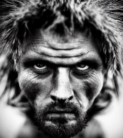 Prompt: Award winning Editorial photograph of an Early-medieval man beast incredible hair and fierce hyper-detailed eyes by Lee Jeffries and David Bailey, 85mm ND 4, perfect lighting, dramatic highlights, wearing traditional garb, gelatin silver process