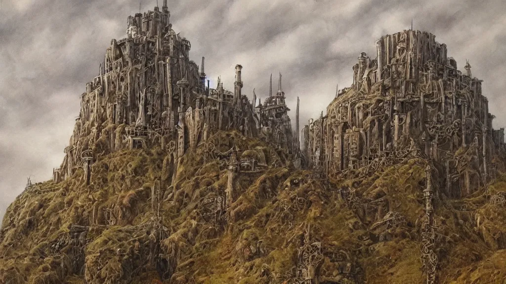 Image similar to an oil painting in the style of alan lee of a steampunk minas tirith