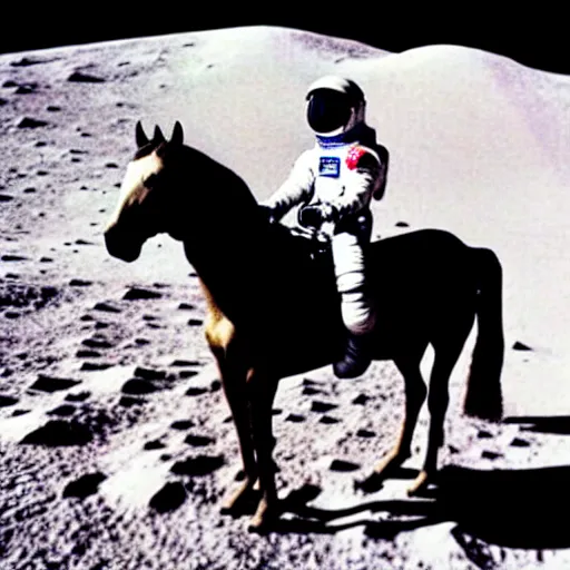 Prompt: old photo of an astronaut on his horse, horse has an astronaut suit too, photo taken on the moon