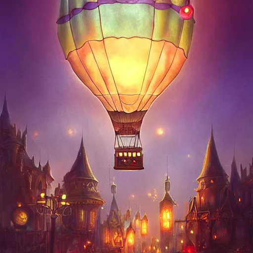 Image similar to a beautiful stunning fantasy whimsical matte digital illustration of a scene of a steampunk hot - air balloon over a lit steampunk city at night by marc simonetti, pastel color palette, disney magic the gathering steampunk!!!, chiaroscuro magical! bokeh moon stars dramatic romantic! epic breathtaking, clock tower,, trending on artstation hq, masterpiece