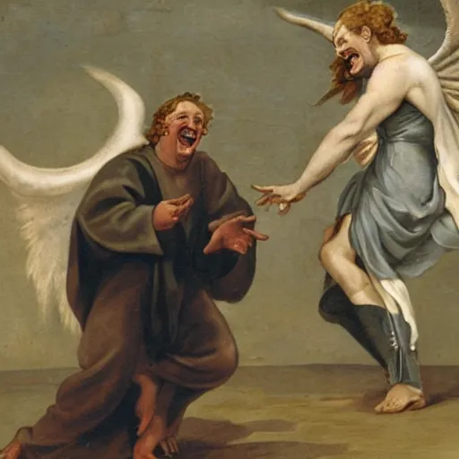Image similar to an angel laughing at a devils joke