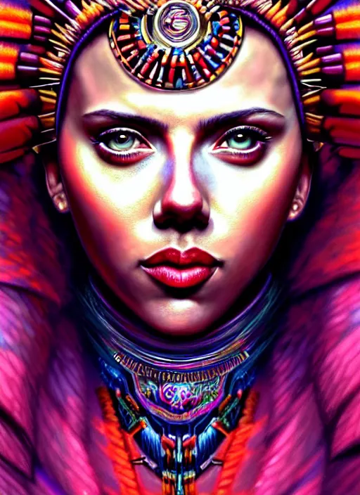 Image similar to portrait of scarlett johansson, hyper detailed ultra sharp aztec shaman warrior. trending on artstation, warpaint aesthetic, bloodwave, colorful, psychedelic, ornate, intricate, digital painting, concept art, smooth, sharp focus, illustration, art by artgerm and greg rutkowski and h. r. giger, 8 k