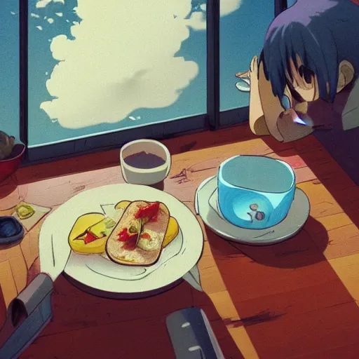 Prompt: breakfast, rainy day, anime, ghibli, 9 0 s, retro style, aesthetic, chill, room