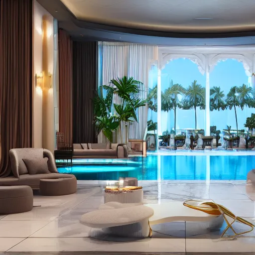 Image similar to realistic luxury hotel lobby interior in miami with pools in the background, corona render, detailed