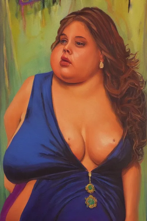 Image similar to an oil painting of the queen of Walmart, an obese woman, beautiful, fantasy, hyper realistic, dramatic lighting