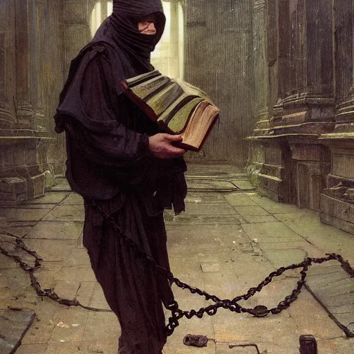 Image similar to half portait of magican wearing a closed cowl holding a big old book! chained!!! to his wrist, jeremy mann, jean leon gerome, alphonse mucha, greg rutkowski, hood covers his eyes, ( ( ruins of ancient rome ) ), at dusk, mysterious atmosphere, sunrays, dof, masterpiece, high detailed, 8 k