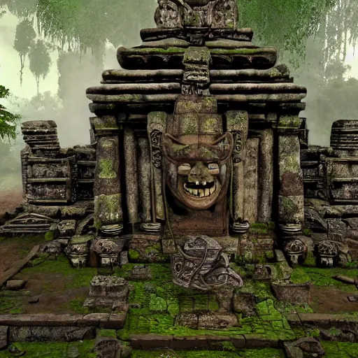 Prompt: an ancient collapsing temple to Shrek discovered deep in the swamps, 4k render, octane, ancient ogre imagery, tribal war god, dark amazonian temple, onion statue, gargoyle-like decorations in the style of Donkey. hyper-detailed, intricate, hallowed swampland