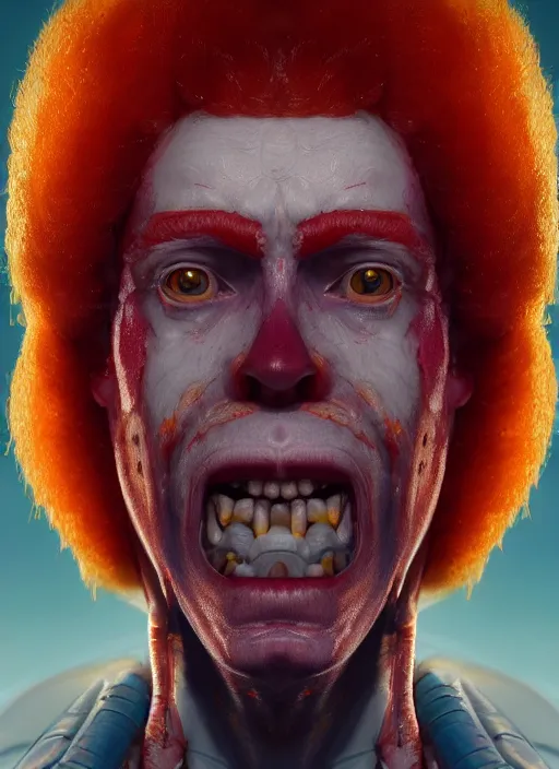 Prompt: biopunk portrait of ronald mcdonald, au naturel, hyper detailed, digital art, trending in artstation, cinematic lighting, studio quality, smooth render, unreal engine 5 rendered, octane rendered, art style by klimt and nixeu and ian sprigger and wlop and krenz cushart.