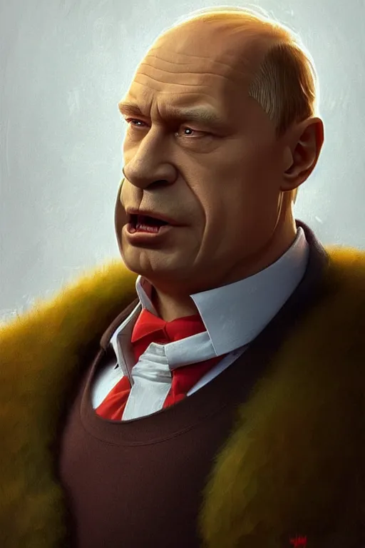 Image similar to vladimir putin as funny and stupid homer simpson, closeup, d & d, fantasy, intricate, elegant, highly detailed, digital painting, artstation, concept art, matte, sharp focus, illustration, hearthstone, art by artgerm and greg rutkowski and alphonse mucha