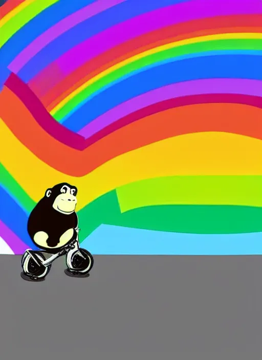 Image similar to A photo of a fat gorilla riding a tricycle on a rainbow road in space.