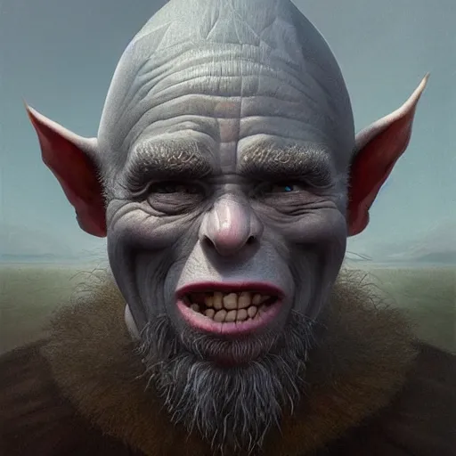 Prompt: Beautiful hyperrealistic detailed matte portrait painting of a grey goblin with head shaped like football and a triangular pignose, by andreas rocha and john howe, and Martin Johnson Heade, featured on artstation, featured on behance, golden ratio, f32, well composed, cohesive