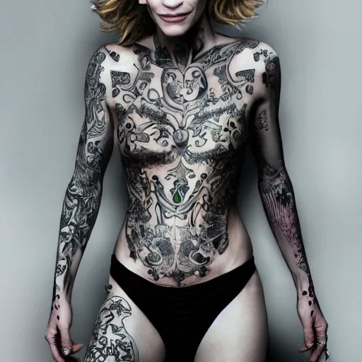 Prompt: full body tattooed cate blanchett,latino, highly detailed, photorealistic, 4k