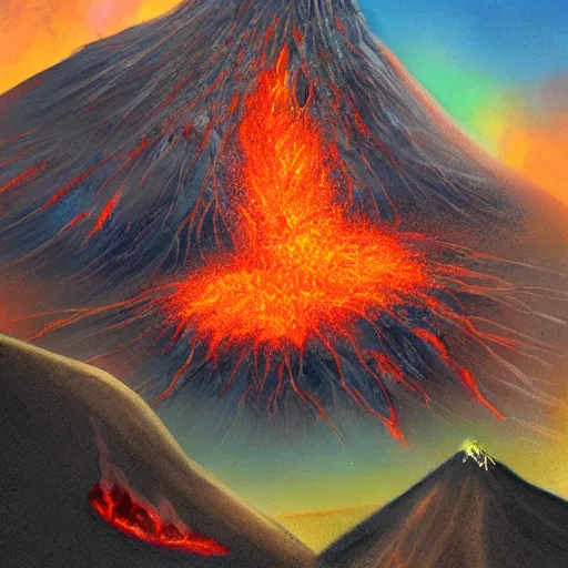 Image similar to volcano, concept art, illustrated, highly detailed, high quality, bright colors, optimistic,