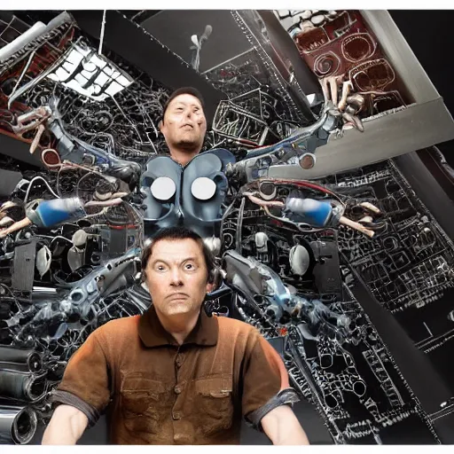 Prompt: a man trapped in a cyborg repair factory, being dissembled by robotic arms, all around are body parts, circuit boards, wires, biomech,, panavision