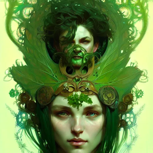 Image similar to Green Man, druid, fantasy, intricate, elegant, highly detailed, digital painting, artstation, concept art, smooth, sharp focus, illustration, art by Krenz Cushart and Artem Demura and alphonse mucha