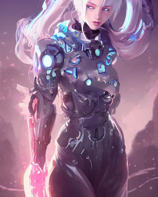 Image similar to holy cyborg necromancer girl, elegant, scifi, futuristic, utopia, garden, illustration, atmosphere, top lighting, blue eyes, white hair, focused, artstation, highly detailed, art by yuhong ding and chengwei pan and serafleur and ina wong