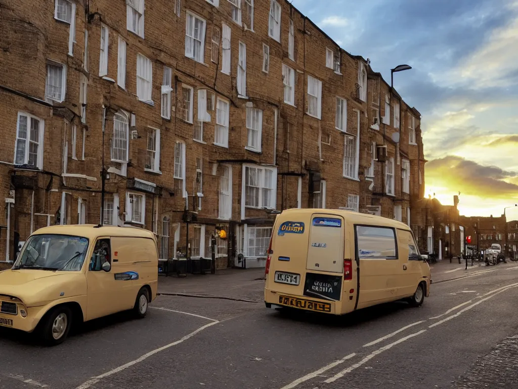 Prompt: modern dyanmic Del Boy\'s three wheeled van parked in london street, low view looking up, small angle, beautiful sunset, unreal engine