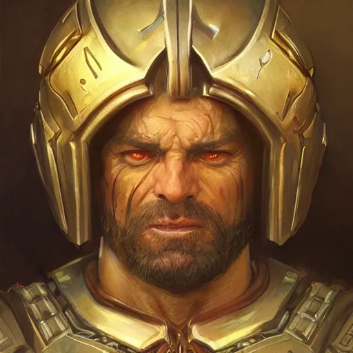 Prompt: the doomslayer as a realistic d & d fantasy character, closeup portrait art by donato giancola and greg rutkowski, vintage retro, realistic face, digital art, trending on artstation, symmetry!!