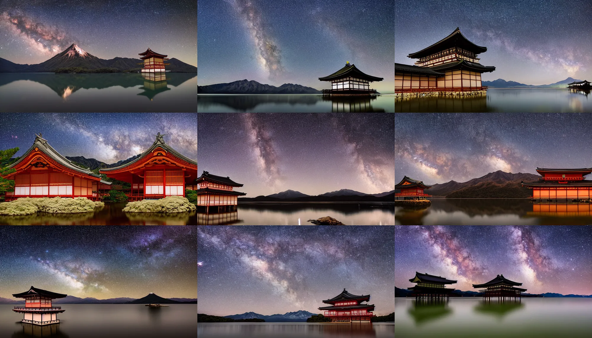 Prompt: A traditional japanese building underneath the milkyway at night both relfecting inside a lake with a big mountain in the background