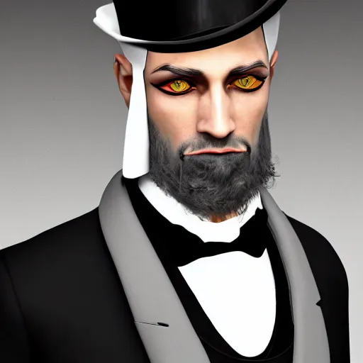 Image similar to a highly detailed portrait of a man in a high top hat covering his face, in a black tailcoat with a yellow waistcoat under the tailcoat, artstation, deviantart, professional, unreal engine 5, photorealistic