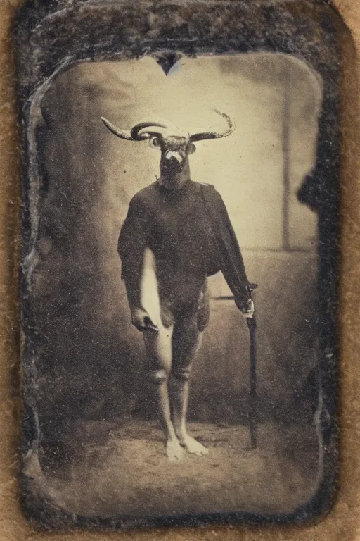 Prompt: a tintype photograph of a minotaur