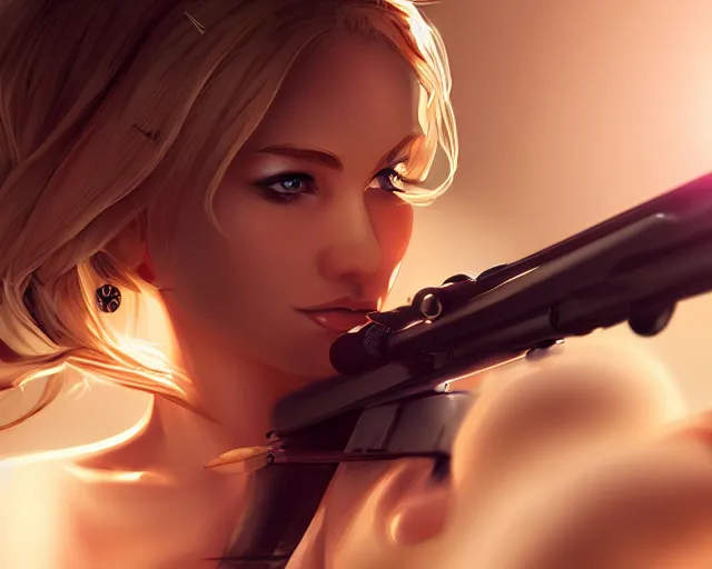 Prompt: closeup of beautiful blonde female sniper aiming at target, award winning sniper photography, extremely detailed, artstation, 8 k, sensual lighting, incredible art, wlop, artgerm, backlit, rim lighting, hi - fructose