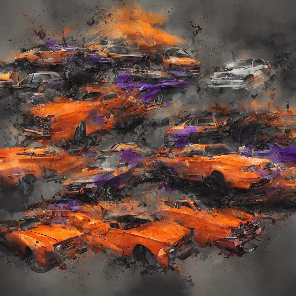 Prompt: tornado of orange and purple cars coming from underground and falling on trees under dark orange sun, in style of realistic, trending on artstation