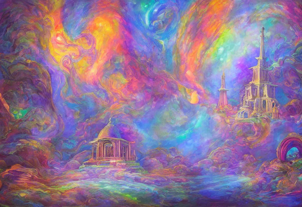 Image similar to iridescent temple of sleep deva architecture dreamer mythos phantasms, award winning oil painting, polychromatic spectrum