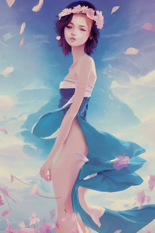 Image similar to a beautiful fashion goddness of love, chic strapless dress, tropical sea background, character design, in the style of artgerm, and wlop, cinematic lighting, hyperdetailed, 8 k realistic, symmetrical, global illumination, radiant light, frostbite 3 engine, cryengine, dof, trending on artstation, digital art