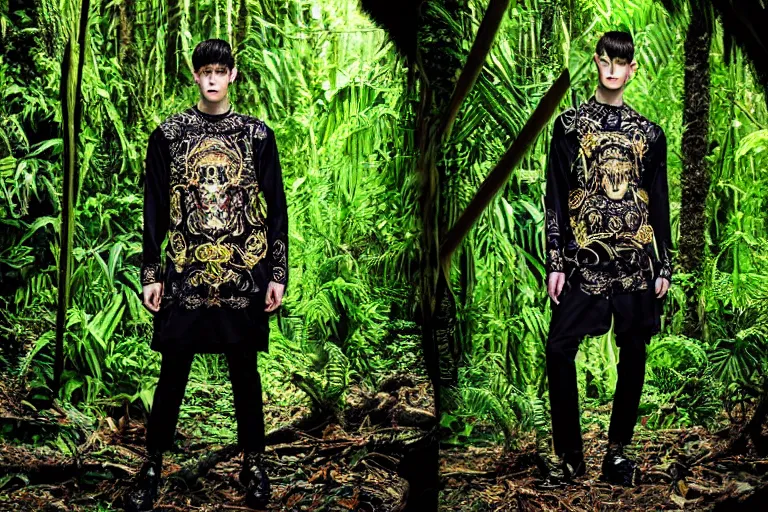 Image similar to versace avant garde male tunics intricate modern choatic textiles streetwear cyberpunk posing in the jungle woods cloudy overcast dark dramatic mysterious 3 5 mm professional