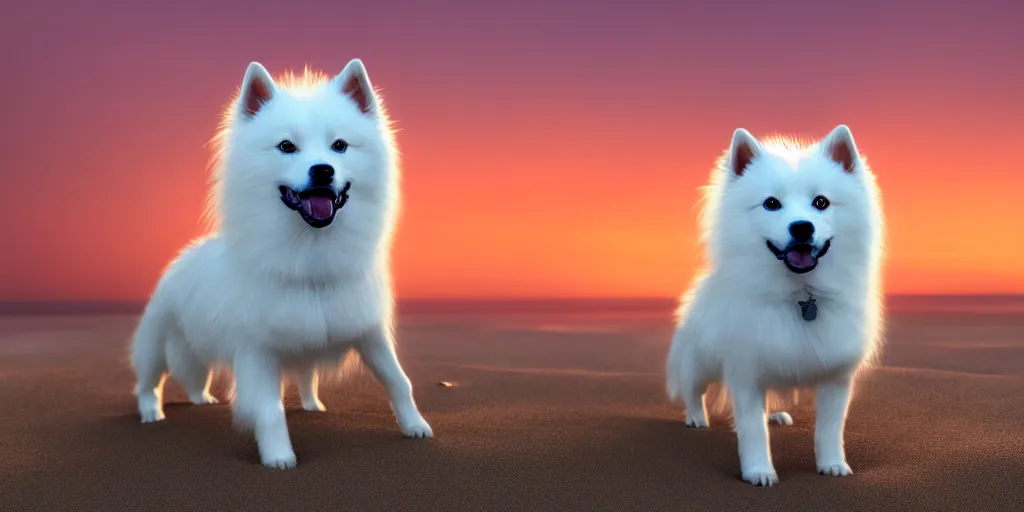 Image similar to a closeup photorealistic photograph of a cyborg japanese spitz on the beach at sunset. part dog part machine, pipes and wires glowing eyes. this 4 k hd image is trending on artstation, featured on behance, well - rendered, extra crisp, features intricate detail and the style of unreal engine. golden hour