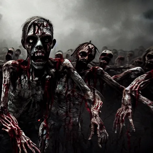 Prompt: creepy nightmare fuel zombie horde apocalypse, cinematic, cinematography, still, incredible detail, photorealistic, epic, horror, scary, render, living dead, ghouls