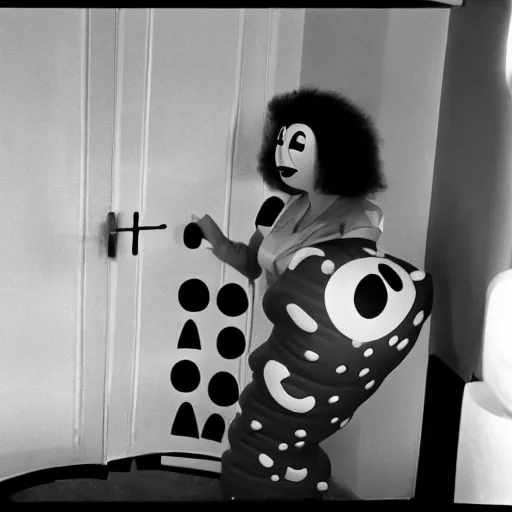 Image similar to bored housewife meets a smiley inflatable toy in a seedy motel room, 1982 color Fellini film, ugly motel room with dirty walls and old furniture, archival footage, technicolor film, 16mm, live action, John Waters, wacky comedy