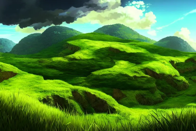 Prompt: wide green hilly, lush scenic landscape, blue sky, white clouds, video game style, unreal engine, cinematic look, anime, highly detailed