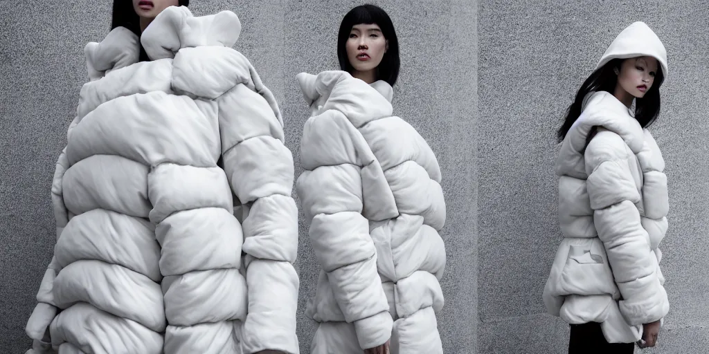 Image similar to well lit fashion shoot portrait of extremely beautiful female marble statue wearing huge over size puffer jacket by dingyun zhang, yeezy, balenciaga, vetements, a cold wall, sharp focus, clear, detailed,, cinematic, detailed, off white, glamourous, symmetrical, vogue, editorial, fashion, magazine shoot, glossy